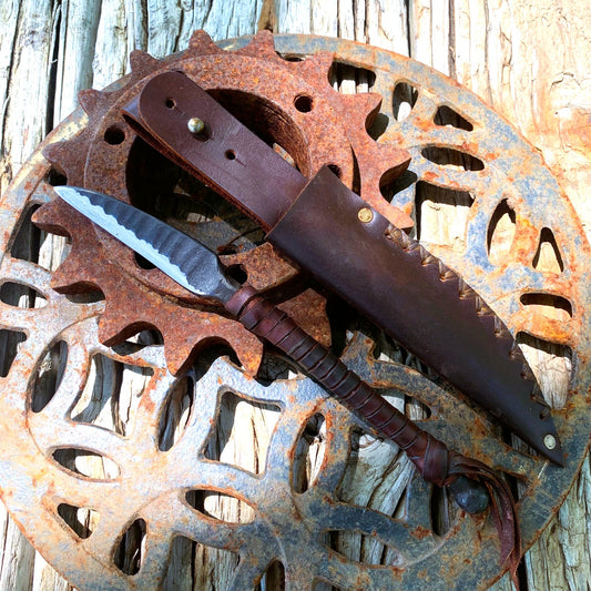 Duskwither | Hand-Forged Knife from Reclaimed Steel with Leather Sheath – 8.5" Blade for Ritual, Cosplay, or Survival