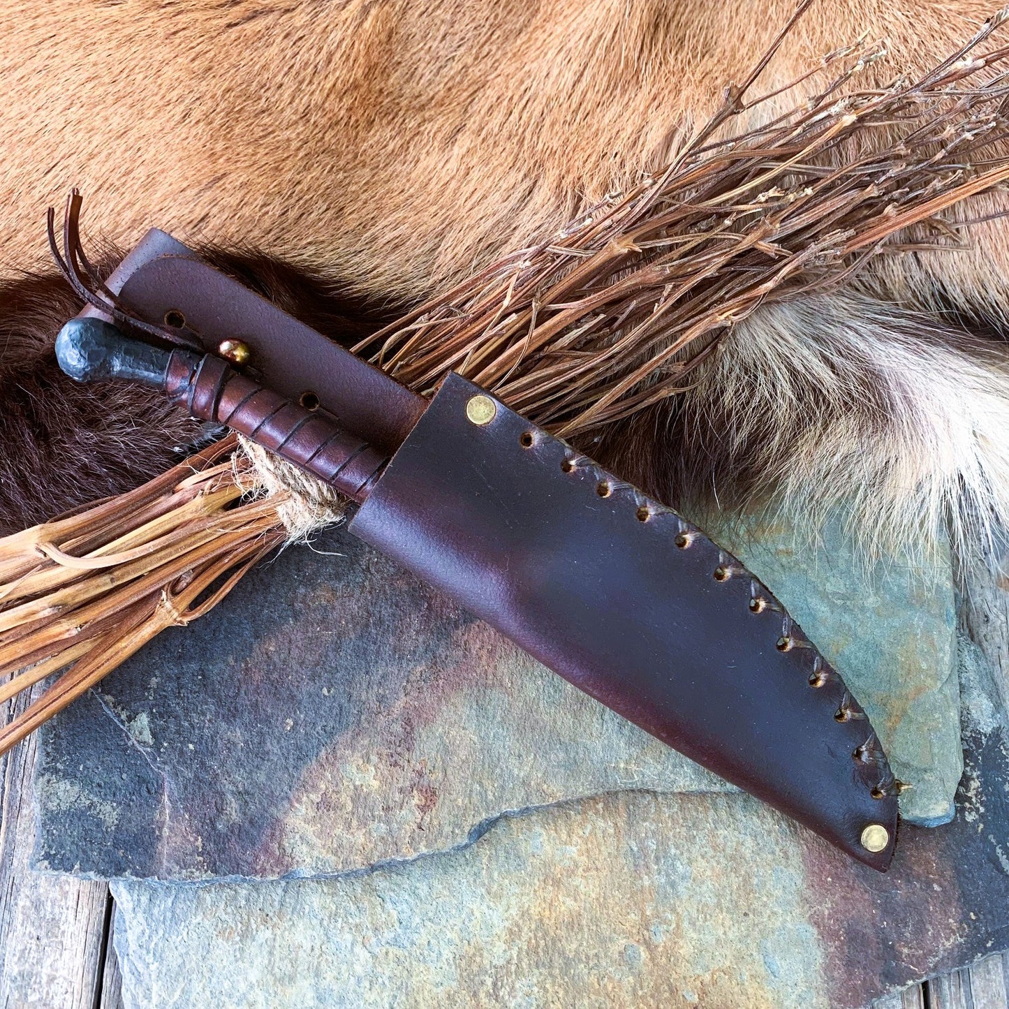 Hearthfang | Hand-Forged Ritual Knife with Wharncliffe Blade and Leather Sheath