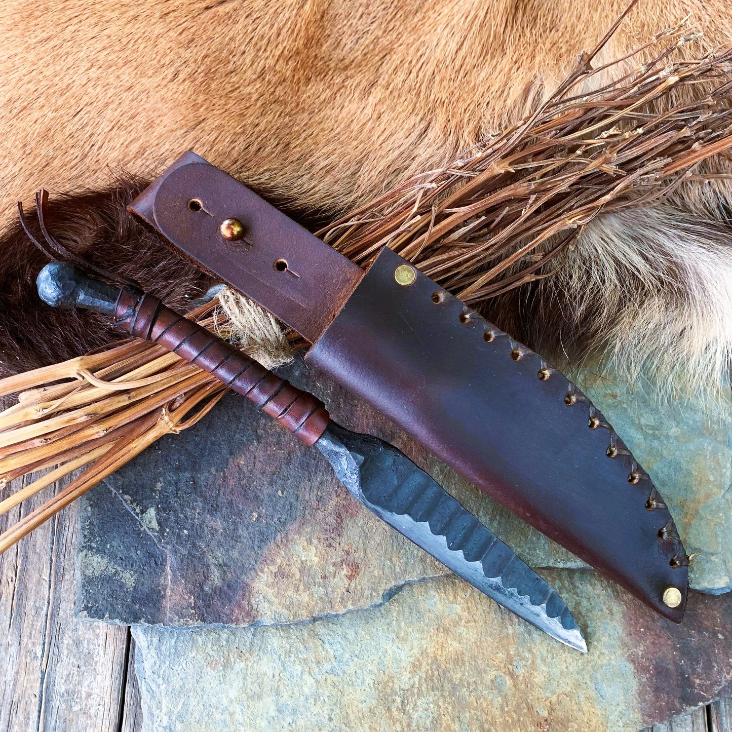Hearthfang | Hand-Forged Ritual Knife with Wharncliffe Blade and Leather Sheath