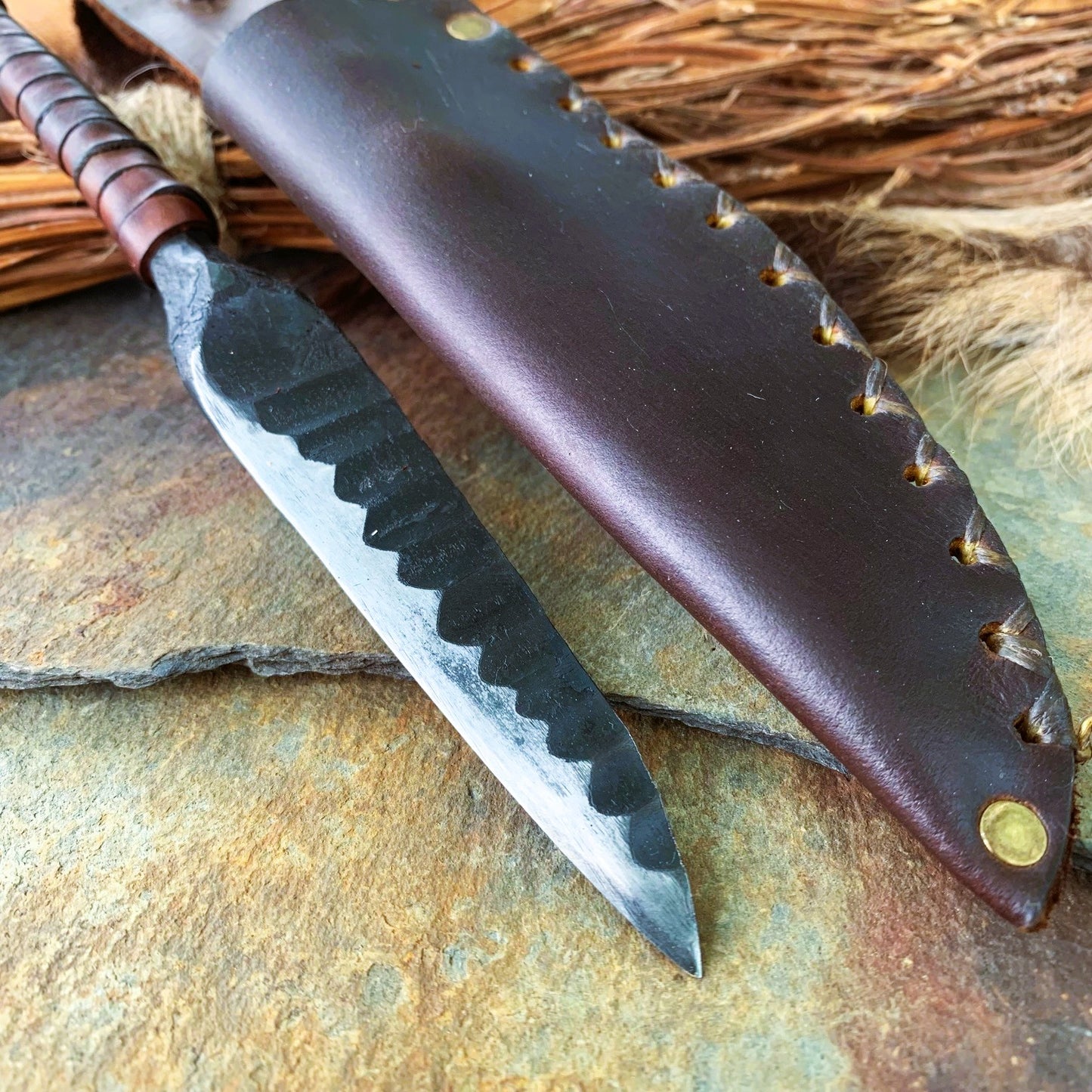 Hearthfang | Hand-Forged Ritual Knife with Wharncliffe Blade and Leather Sheath