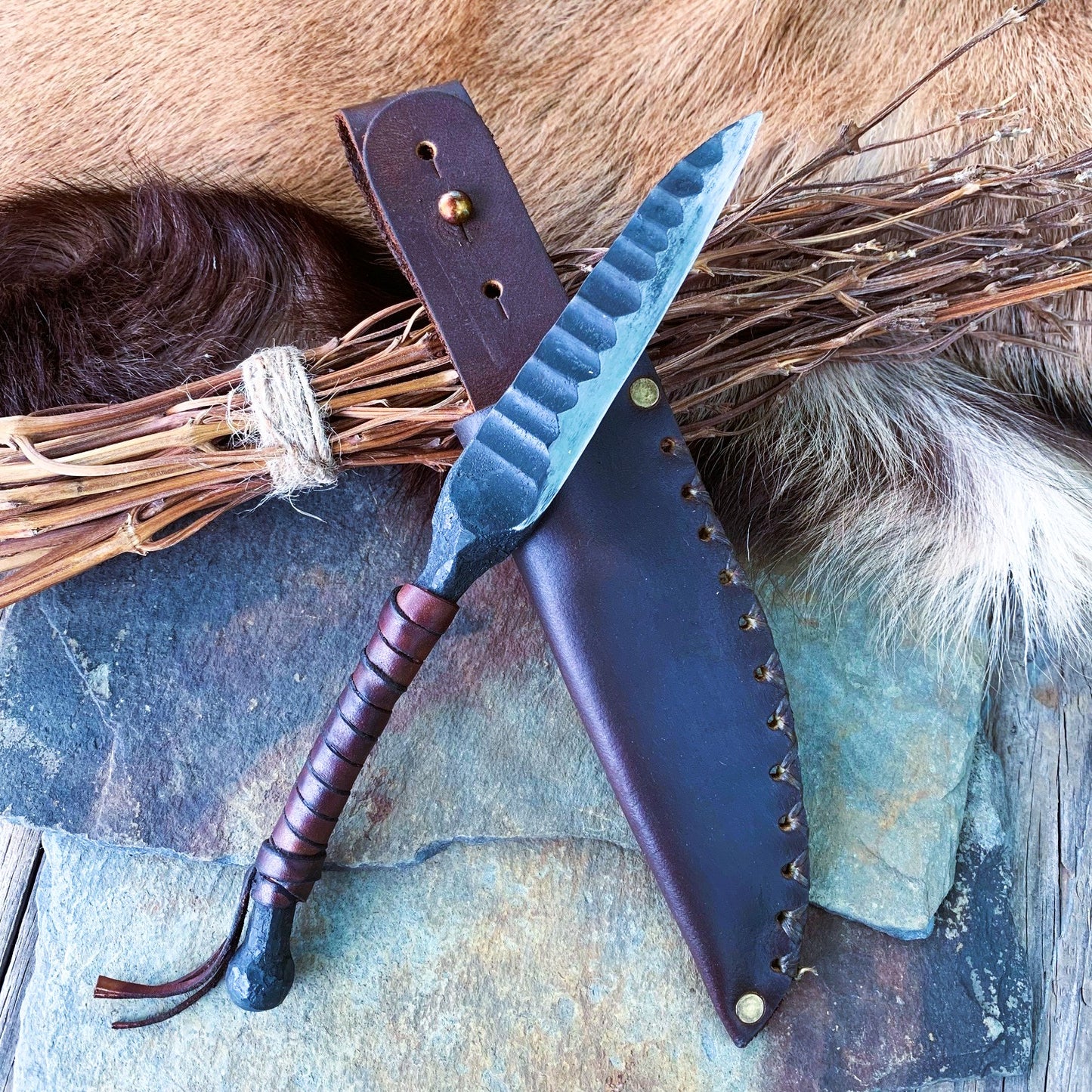 Hearthfang | Hand-Forged Ritual Knife with Wharncliffe Blade and Leather Sheath