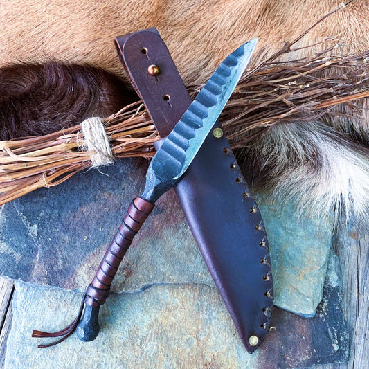 Hearthfang | Hand-Forged Ritual Knife with Wharncliffe Blade and Leather Sheath